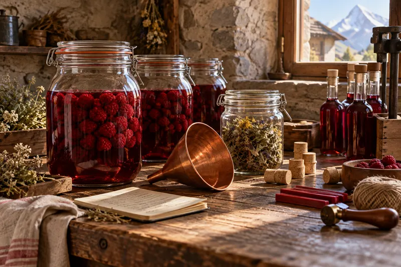 L'établi de l'atelier, bocaux de framboises en macération