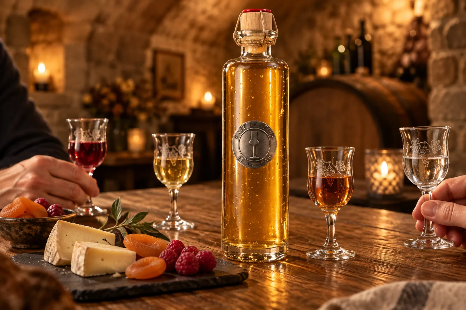 Dégustation à l'atelier : verres de liqueurs, fromage, abricots secs