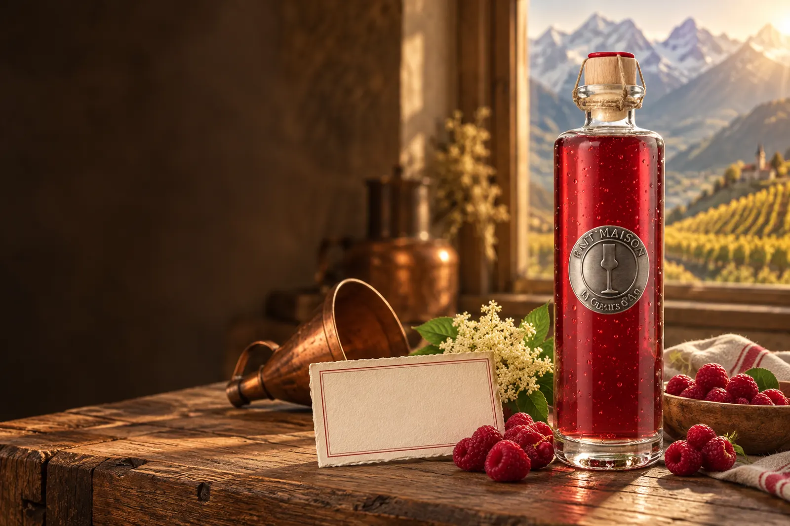 Bouteille de liqueur de framboises sur l'établi de l'atelier, les Alpes valaisannes derrière la fenêtre